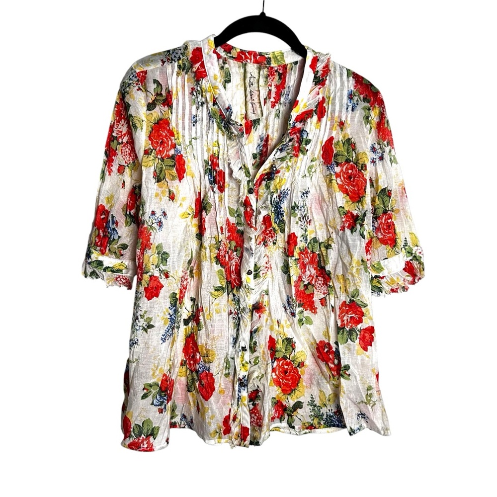 ARATTA Floral Print Raw Hem mixed button Blouse Size Small EC